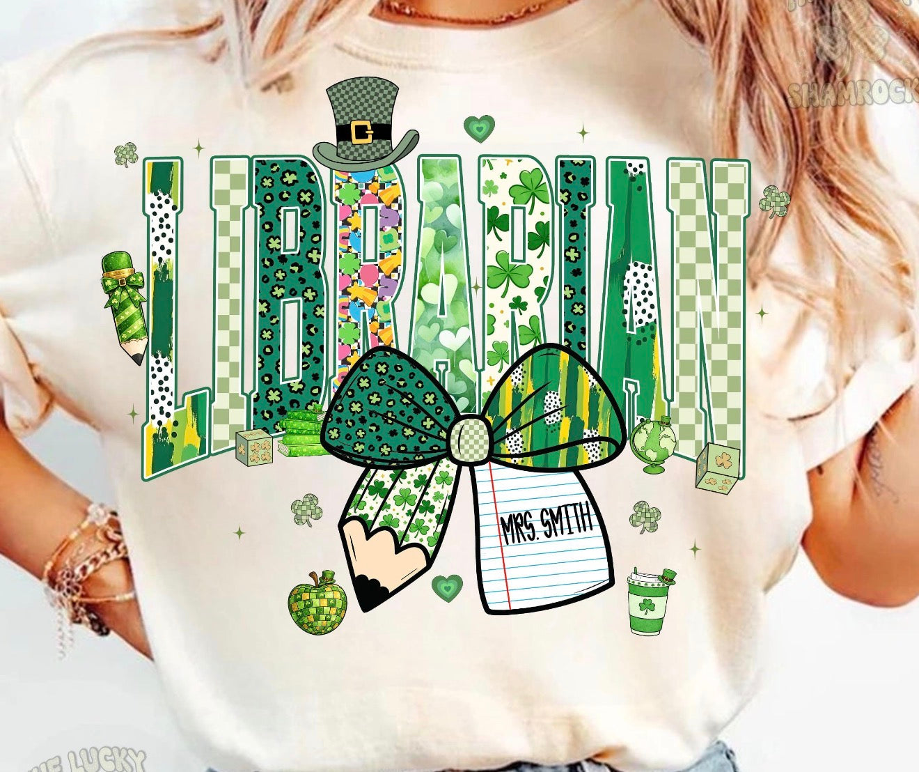 Librarian St. Patrick’s Day Shirt – Shamrock Bow Classroom Tee