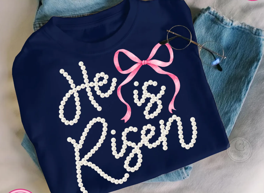 He Is Risen Pearl Script Easter Tee