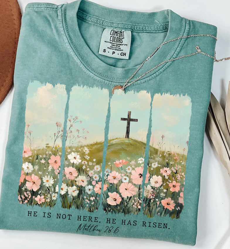 He Is Not Here He Has Risen Floral Cross Tee