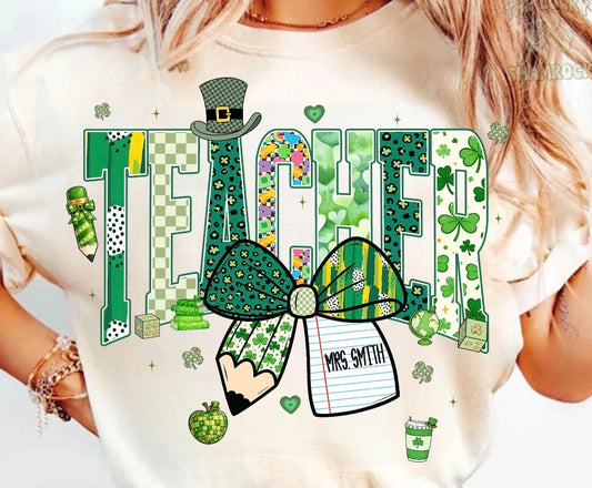 Teacher St. Patrick’s Day Shirt – Lucky Clover Bow Tee