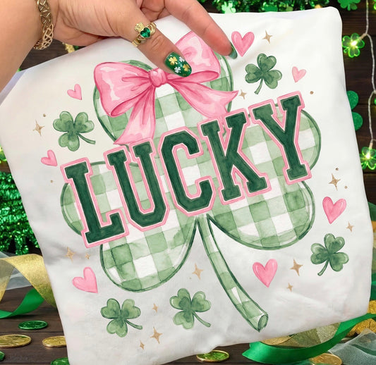 Lucky Shamrock Pink Bow St. Patrick’s Day Tee
