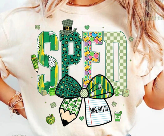 SPED Teacher St. Patrick’s Day Shirt – Shamrock Bow Graphic